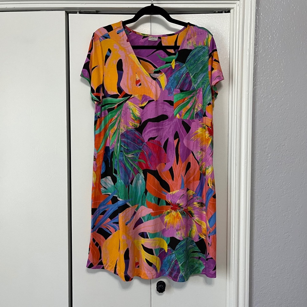 Soma Colorful Tropical Print V Neck Knit Dress, Women's Size Large, Casual